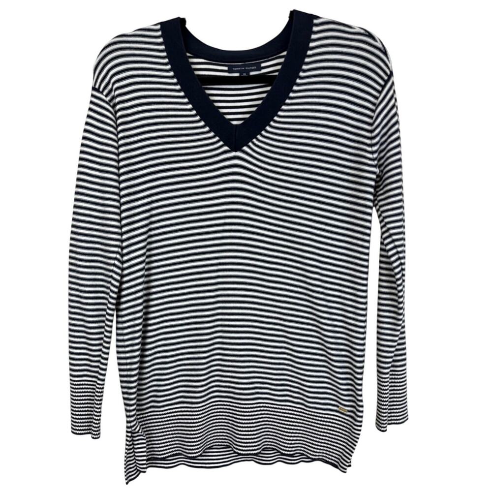 Tommy Hilfiger Navy and White Striped V-Neck Long Sleeve Top XS
